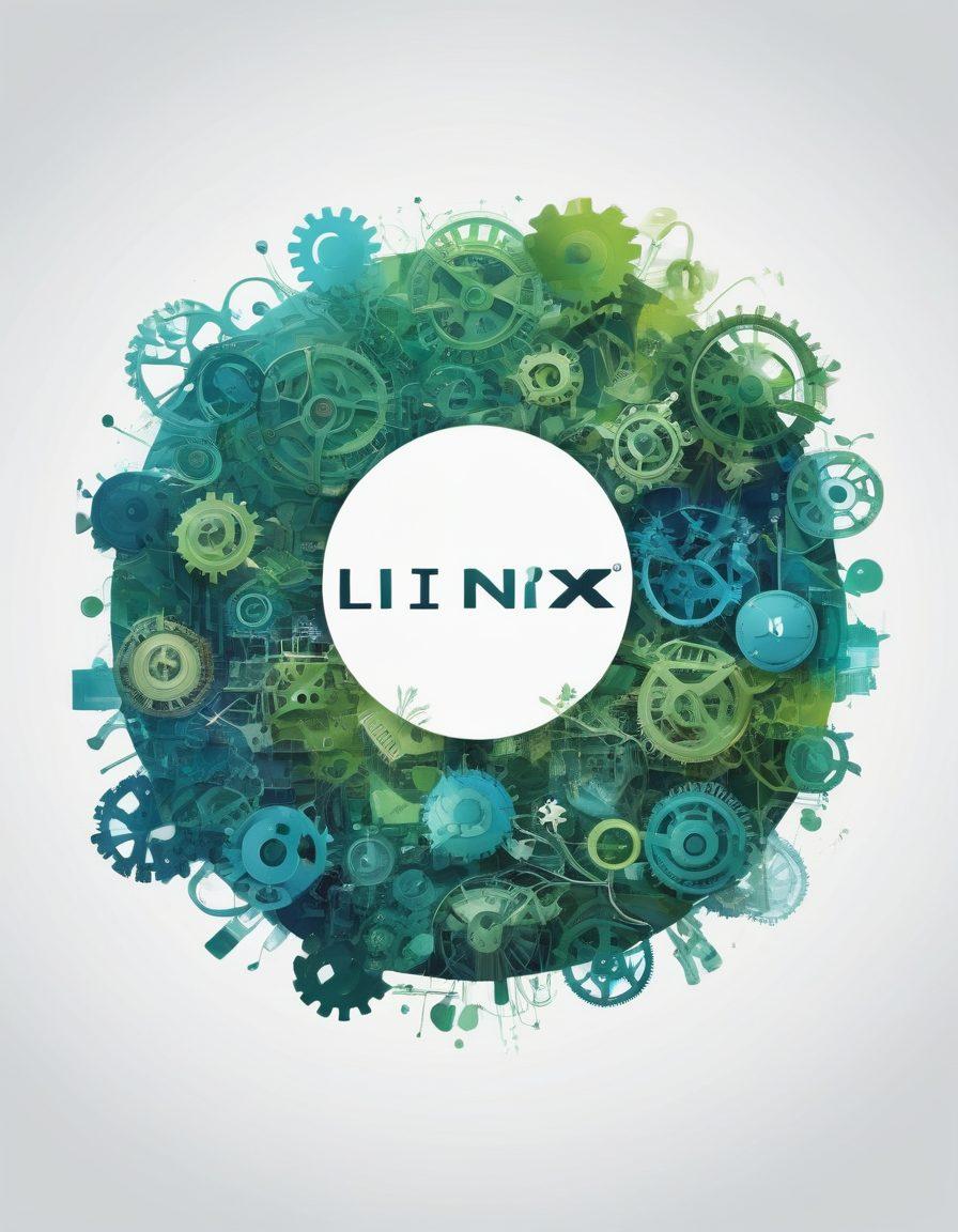 A vibrant and engaging collage showcasing the Linux logo intertwined with iconic elements like terminal commands, gears, and a stylized community gathering. Include abstract representations of code flowing like a river, symbolizing community insights and collaboration. Integrate a rich palette of greens and blues to evoke a sense of innovation and empowerment. A clean white background to enhance focus on the elements. digital art. vibrant colors. super-realistic.