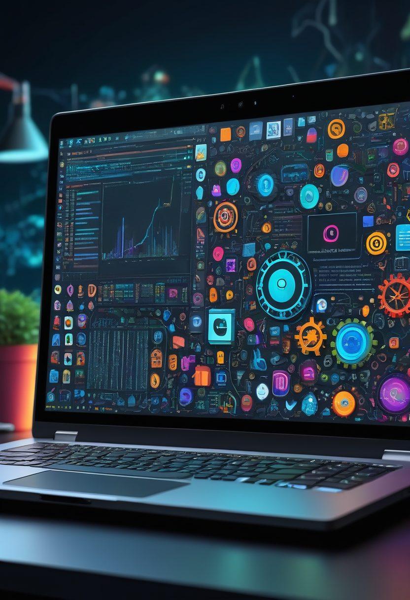 A vibrant collage featuring a sleek laptop displaying the Linux terminal, surrounded by icons symbolizing recent updates and news like gears, notifications, and graphs. Add elements representing Linux's open-source community, such as diverse people collaborating and programming together. The background should be dynamic, suggesting a fast-paced digital world. super-realistic. vibrant colors. 3D.