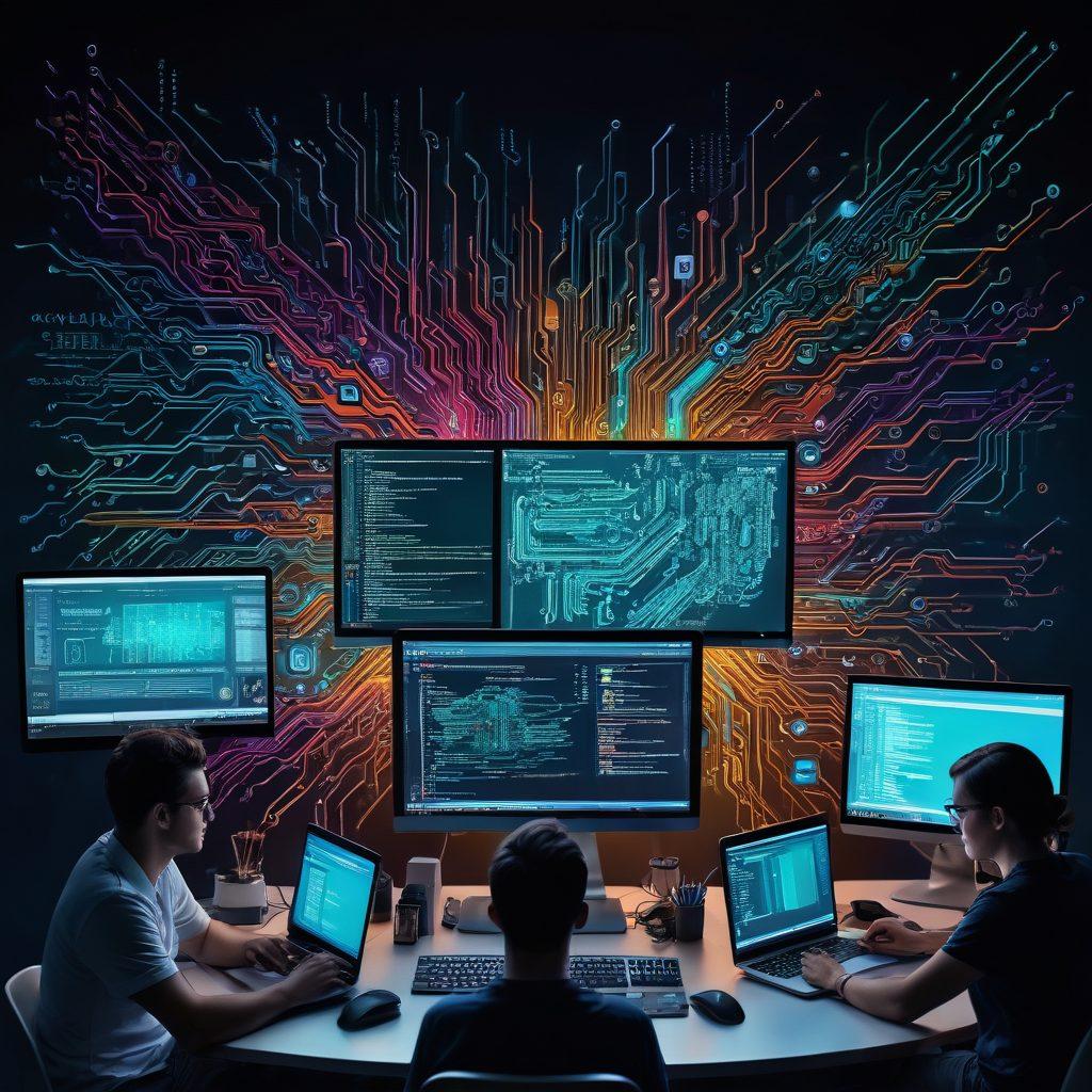 A dynamic collage showcasing a seamless blend of Linux terminal commands on a glowing screen, a diverse group of users engaged in tutorials, and community members sharing insights. Incorporate elements of empowerment such as open-source logos, gears, and coding symbols in a vibrant, energetic atmosphere. The background should reflect a tech-savvy environment with circuit designs and cloud imagery. super-realistic. vibrant colors. white background.